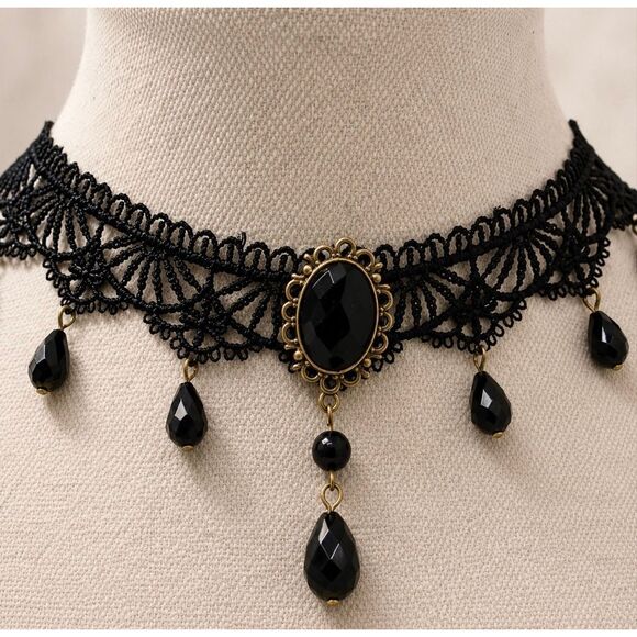 Jewelry - Black Lace Beaded Choker Necklace Victorian Lace Drop Detail